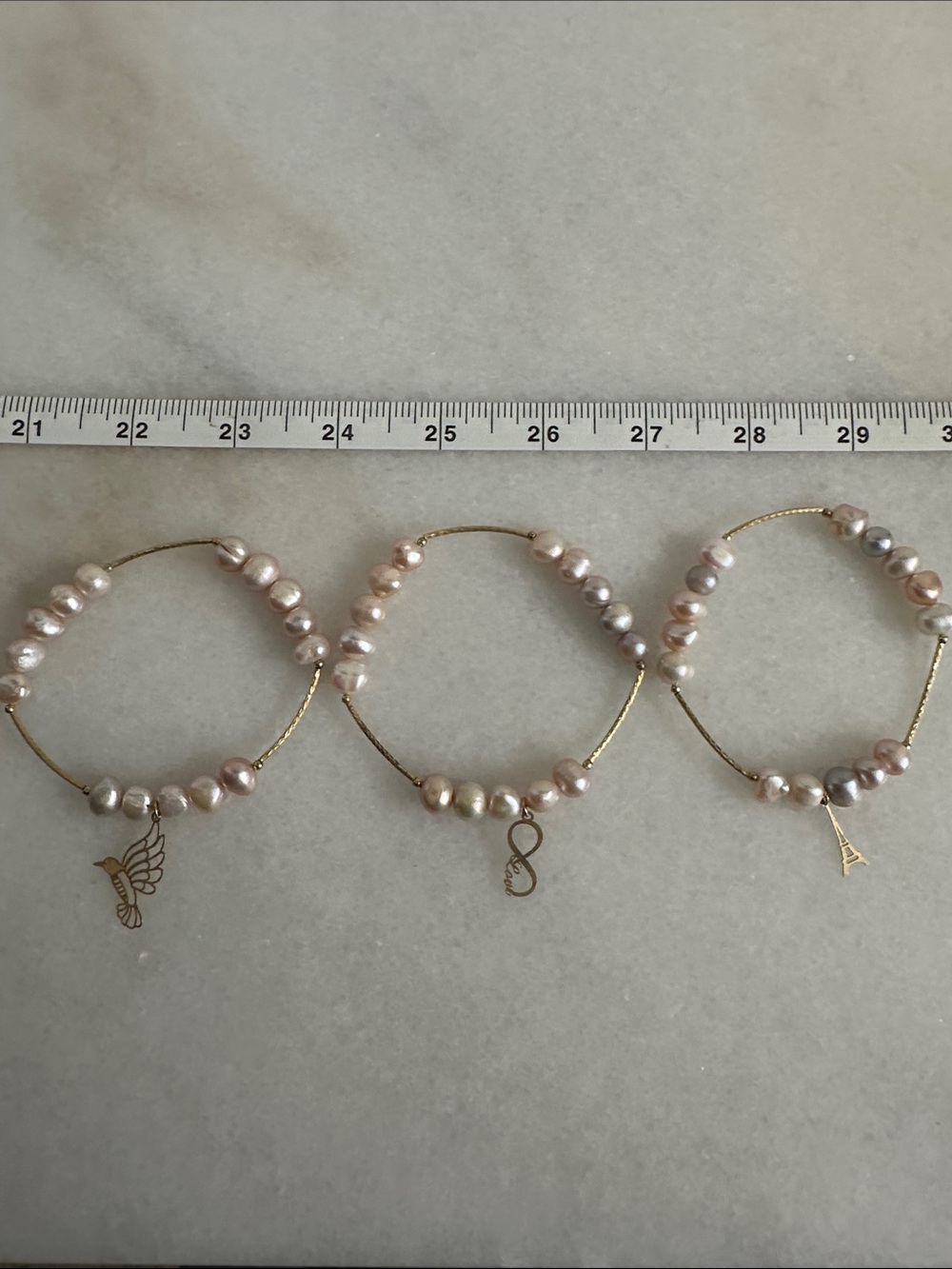 Gold Pearl Charm Bracelet - Pink Pearls
